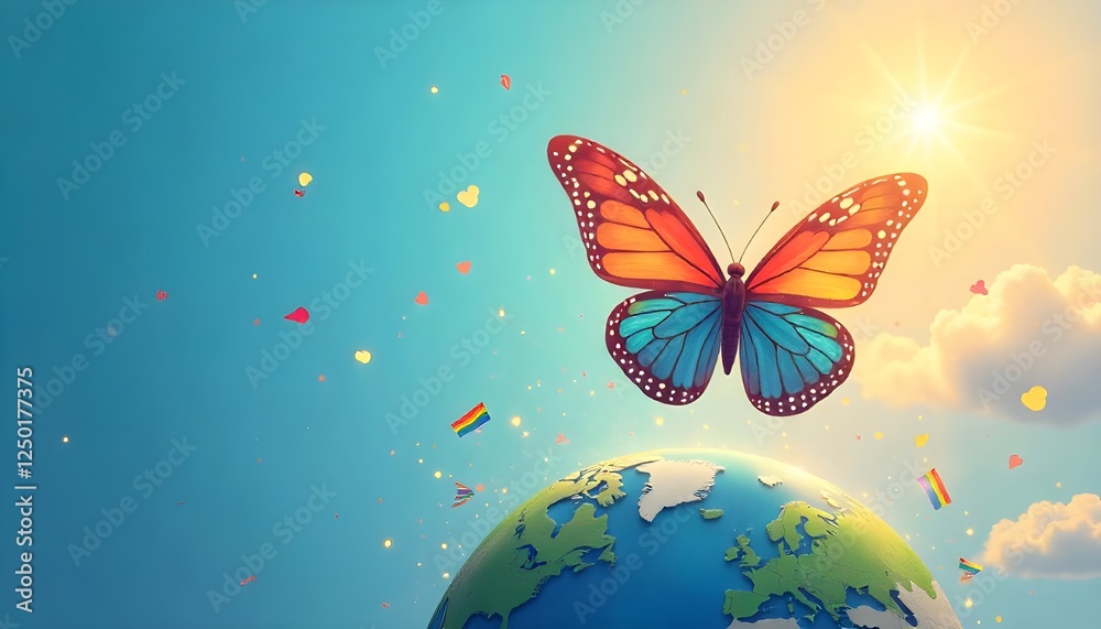 Poster an illustration of a butterfly with radiant rainbow-colored wings soaring above a globe, representin