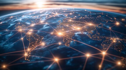 Global business network with glowing nodes and lines, symbolizing modern corporate connectivity and innovation.
