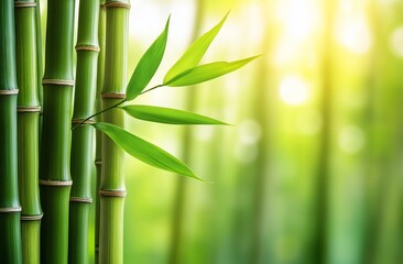 Lush green bamboo stalks and leaves in a sunlit forest.