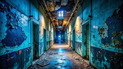 Fototapeta premium Eerie Abandoned Corridor: Minimalist Blue Peeling Paint, Cracked Walls Stock Photo