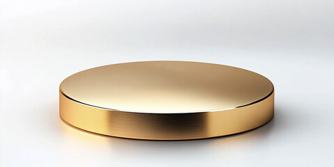 A golden circular pedestal for product display, with two steps and a round shape on a white background