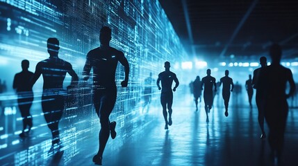 Silhouetted runners race past a digital data stream wall.