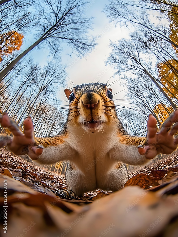 Poster curious squirrel looking directly at the camera with paws outstretched in a colorful autumn forest :