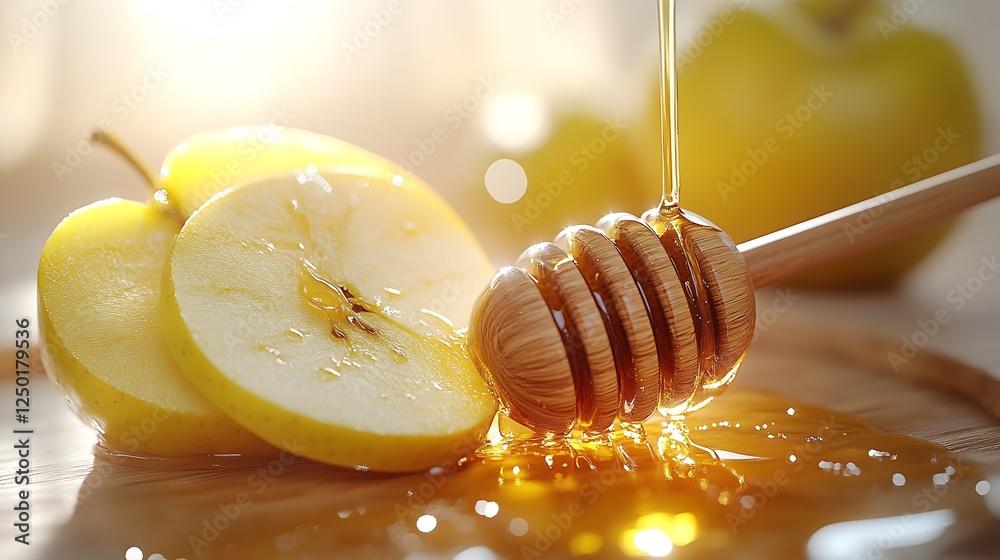 Poster fresh green apples drizzled with honey put on a wooden board capturing the essence of healthy eating