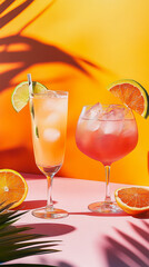 A stylish poster featuring vibrant cocktails in elegant glasses, perfect for interior design, banners or social media. Aesthetic, refreshing, and inviting.