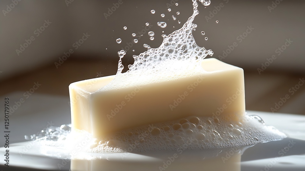 Poster Fresh bar of soap splashing with bubbles on plate illuminated by soft natural light : Generative AI