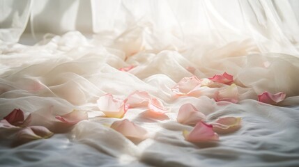 "Valentine's Day, Delicate rose petals scattered on silk sheets, morning sunlight streaming through sheer curtains, soft pink and white color palette, dreamy atmosphere