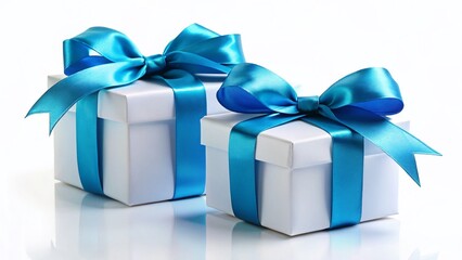 Obraz premium Elegant Gift Boxes: Blue Satin Ribbon Bow, White Boxes, Isolated on White Background
