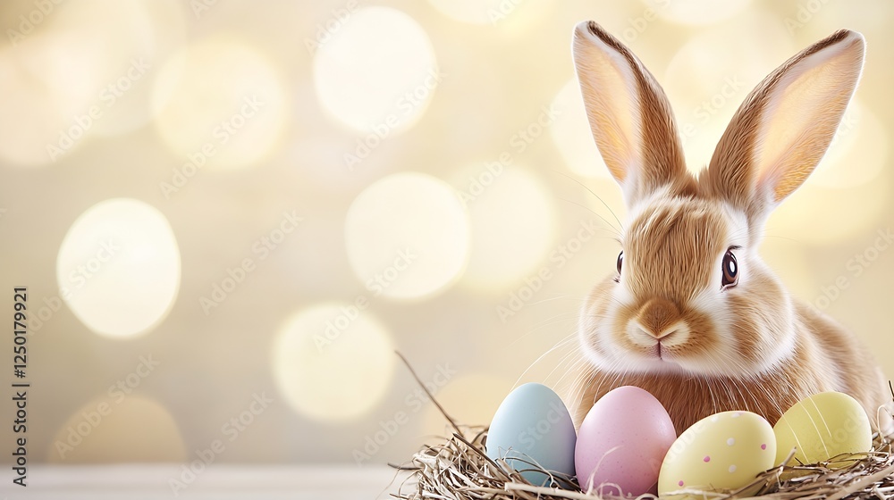 Aufkleber Adorable rabbit with colorful Easter eggs nestled in a cozy nest creating a festive atmosphere : Generative AI