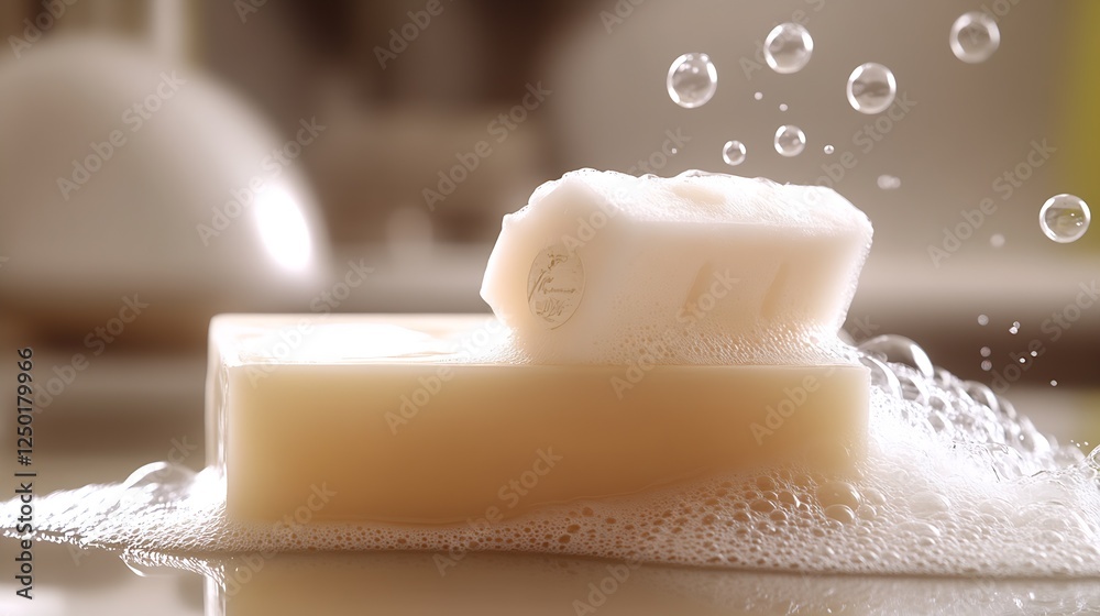 Poster Beautifully Crafted Soap with Bubbles on a Soft Surface for Skincare and Cleanliness : Generative AI