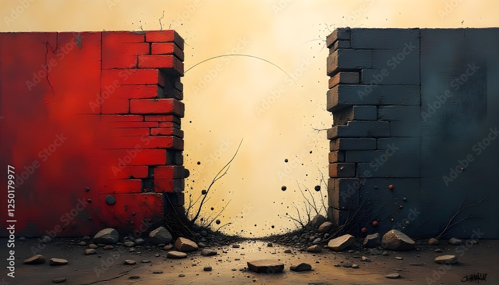 Poster zero discrimination day abstract art depicting the breaking down of barriers and walls, representing