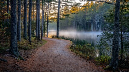 Fototapeta premium Misty sunrise path along a tranquil lake in a pine forest.
