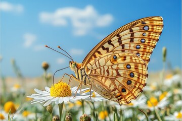 Obraz premium Beautiful butterfly resting on a daisy flower in a meadow with blue sky, showcasing spring nature with wildflowers and butterflies.