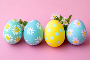 Colorful Painted Easter Eggs with Floral Designs Against a Soft Pink Background : Generative AI
