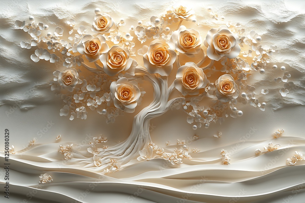 Poster Elegant and Artistic 3D Representation of a Tree with Creamy Roses on a Soft Background : Generative AI