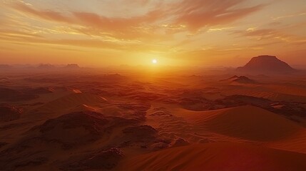 Naklejka premium Desert sunset landscape, dunes, mountains, scenic view, travel