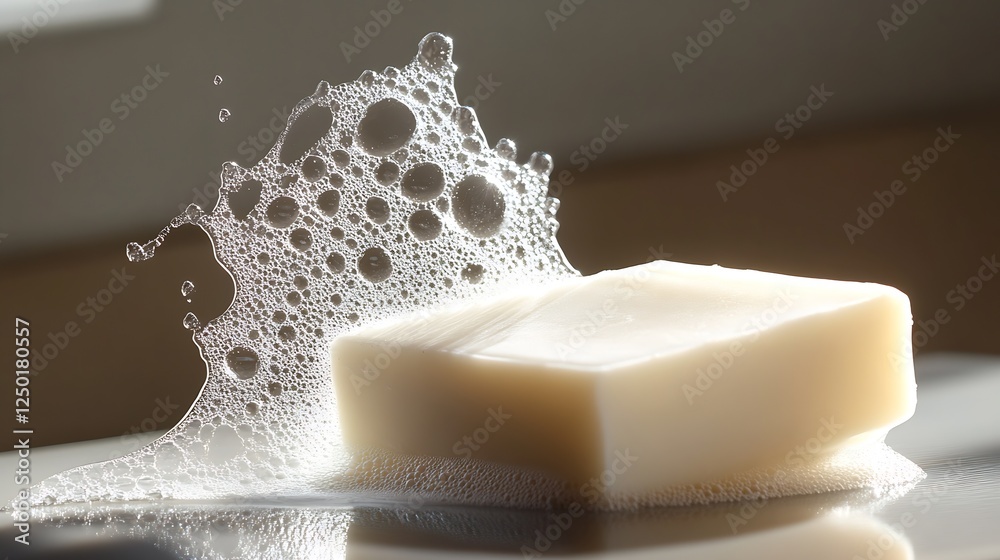 Poster soapy water splashing off a bar of soap on a plate showcasing a clean aesthetic : generative ai