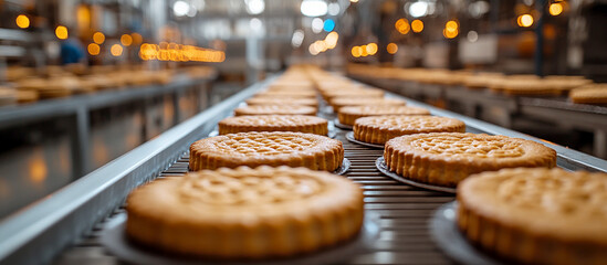 A wide shot of the conveyor belt with freshly baked cookies in an industrial bakery