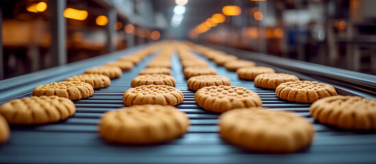 A wide shot of the conveyor belt with freshly baked cookies in an industrial bakery