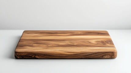 Empty wooden cutting board on white countertop, minimalist studio background, ideal for food photography or recipe blogs