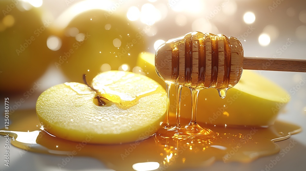 Poster golden honey dripping over fresh apple slices on a wooden surface showcasing a vibrant and appetizin