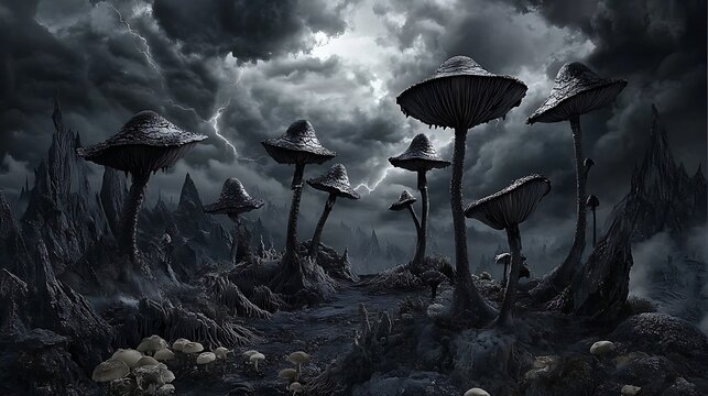 Dark Fantasy Mushroom Forest: Digital Painting of a Stormy Night AI Generated