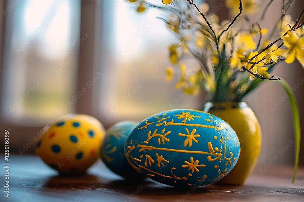Poster stunning display of colorful easter eggs and decorative flowers in a bright sunny indoor setting : g