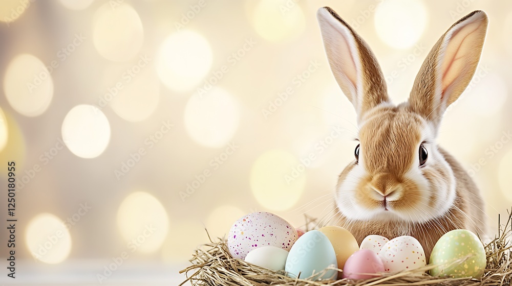 Aufkleber Cute rabbit surrounded by pastel Easter eggs in a nest creating a delightful festive display : Generative AI