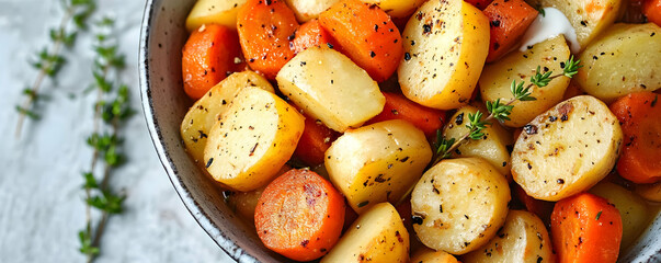 Roasted Potatoes Carrots Thyme Bowl
