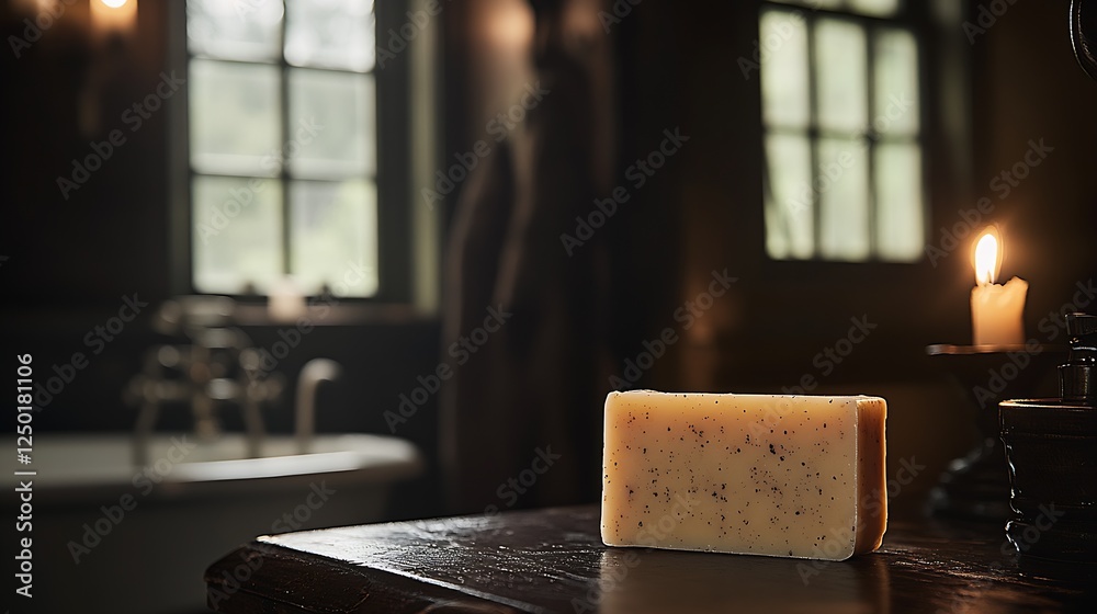 Poster Charming bar of soap displayed in a cozy bathroom setting enhanced by warm light : Generative AI