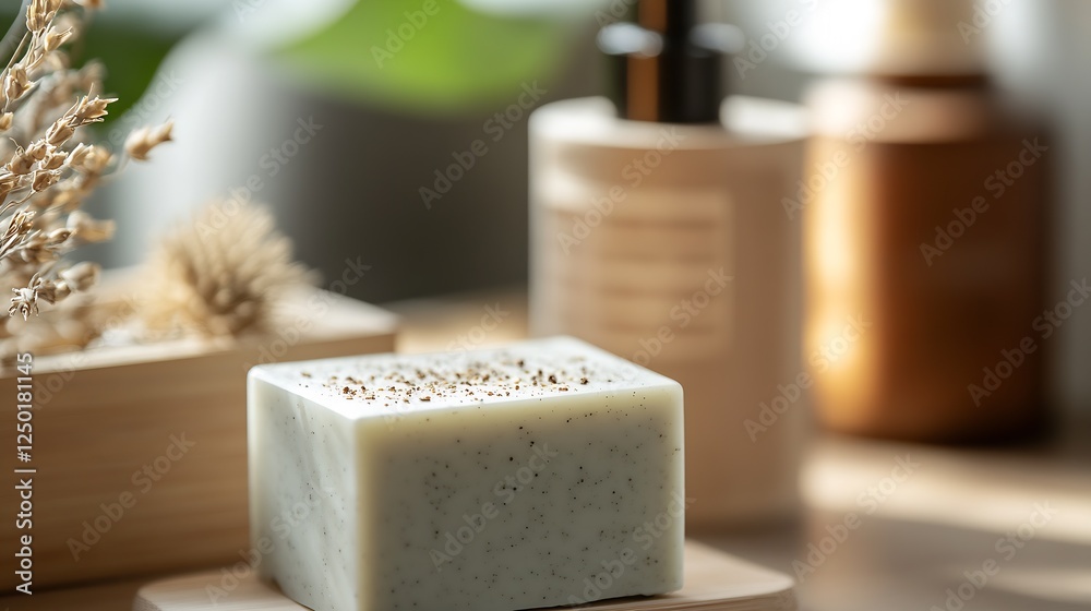 Aufkleber Natural handmade soap with specks displayed on a wooden surface with soft sunlight : Generative AI