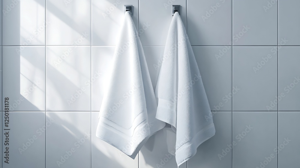 Poster two pristine white towels hanging neatly in a stylish bathroom filled with natural light : generativ