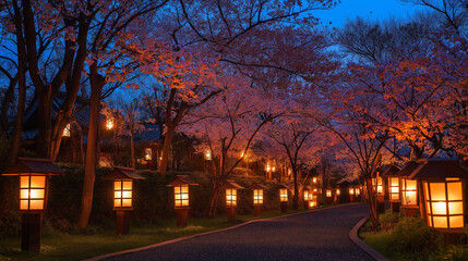 Obraz premium sunset in the city with cherry blossom and lampion