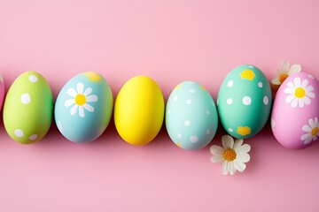 Fototapeta premium Assorted Colorful Easter Eggs Laid Out with Daisies on a Pink Surface : Generative AI