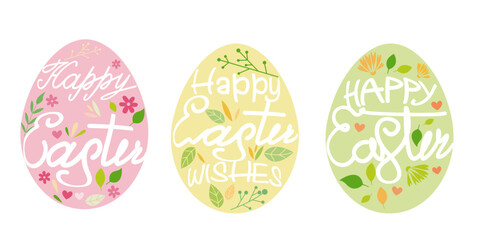 Set of Happy easter decorative lettering. Flowers and leaves decoration Calligraphy collection for Happy easter design. Vector illustration.