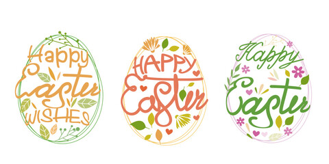 Set of Happy easter decorative lettering. Flowers and leaves decoration Calligraphy collection for Happy easter design. Vector illustration.