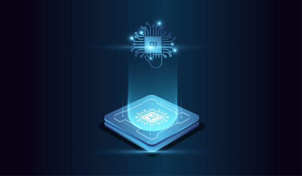 The artificial intelligence. microchip and digital head of system at the center represents computational power, and glowing microchip at the base emitting a holographic human head