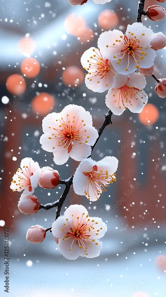 Poster delicate cherry blossom branch with pink flowers surrounded by soft snowfall in a serene autumn back