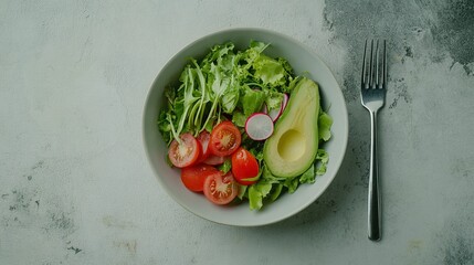 Top view of a fresh and vibrant salad featuring avocado, tomato, and radish in a bowl on a concrete background. Flat lay composition with a fork placed next to the dish.