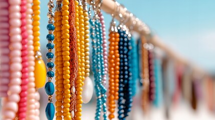Colorful beaded necklaces hanging outdoors in vibrant display