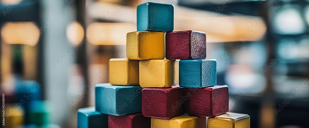 Poster colorful wooden blocks stacked playfully in an indoor setting showcasing creativity and fun : genera