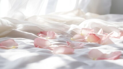 Fototapeta premium valentine's day, rose petals, silk sheets, morning sunlight, sheer curtains, soft pink, white, dreamy, romantic, love, intimacy, bedroom, elegance, luxury, delicate, scattered, natural light, soft foc