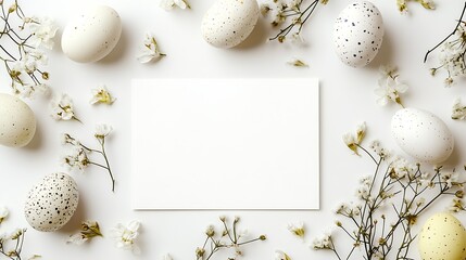 Blank White Card Surrounded by Colorful Easter Eggs and Delicate Flowers : Generative AI
