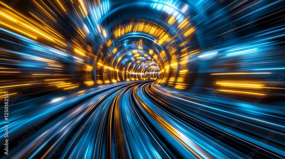 Poster Surreal abstract image of a glowing tunnel blurred with vibrant lights creating an impression of high speed movement : Generative AI