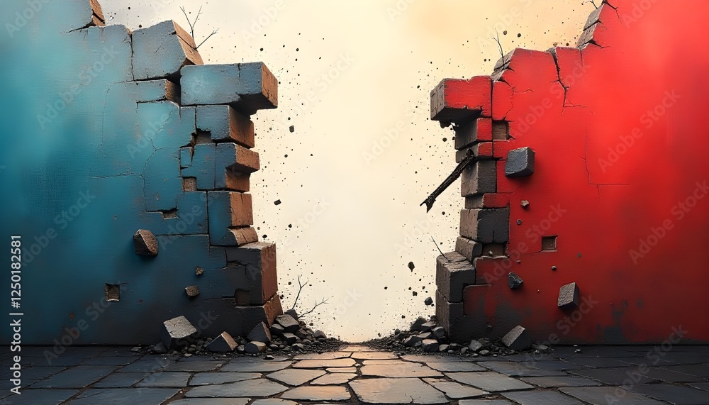 Poster zero discrimination day abstract art depicting the breaking down of barriers and walls, representing
