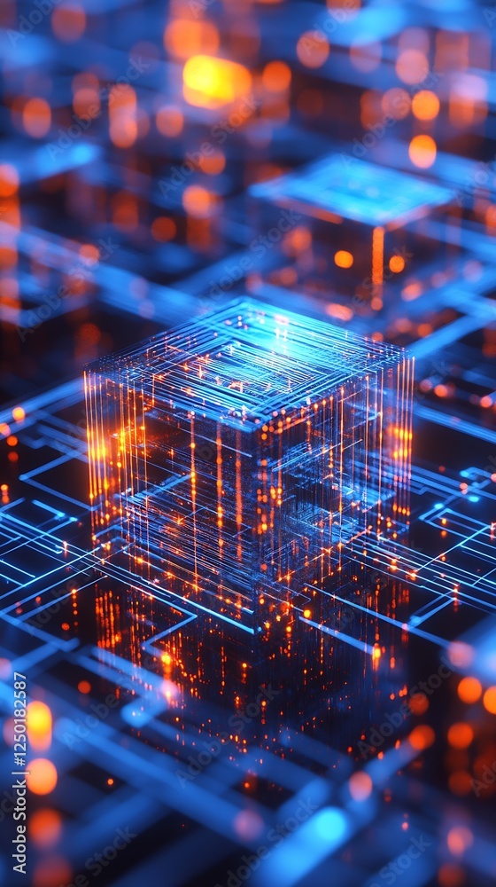 Poster Futuristic digital display showcasing illuminated cubes with interconnected glowing lines creating depth : Generative AI