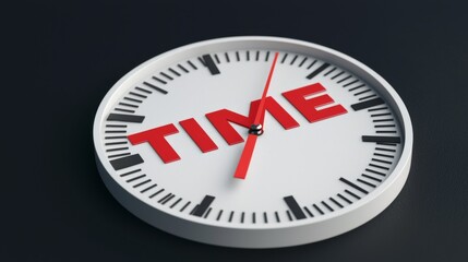 White clock with red TIME lettering; business concept of time management and efficiency.