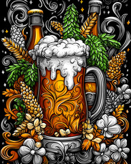 A colorful drawing of a mug with a beer in it and a bottle of beer in the background
