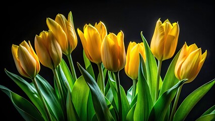 Sensual Black Background Tulip Photography: Yellow Green Tulips, Beautiful Flower Images