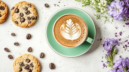 Flatlay of coffee, cookies, and flowers.
